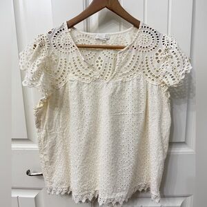 Jennifer & Grace Eyelet Lace Cream Top Sz Large Crochet Lace Trim